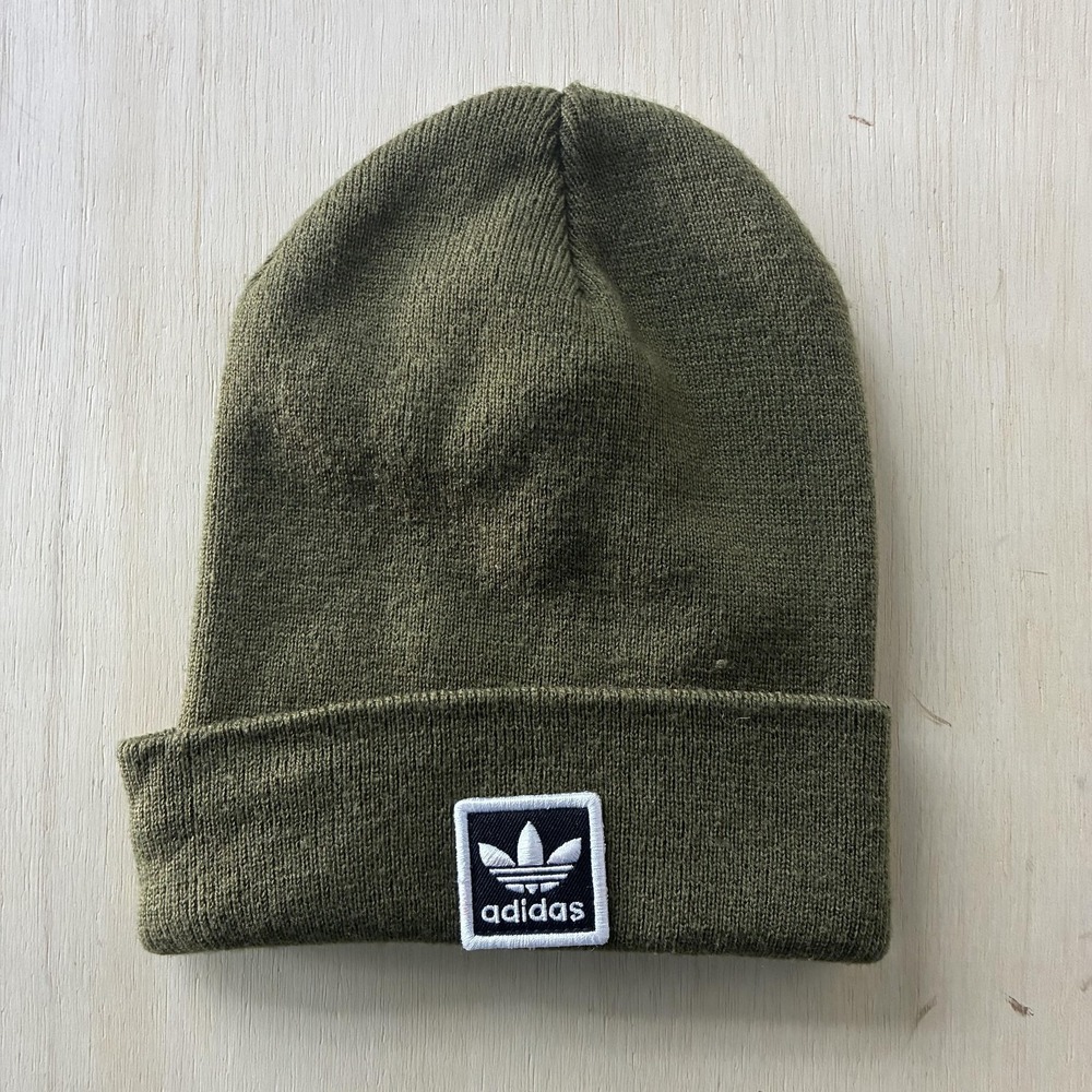 Adidas Hat Mens One Size Green Ribbed Cuffed Acrylic Knit Winter Beanie